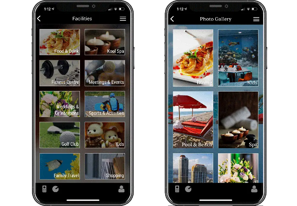 Hotel photo gallery and facilities on phone screen